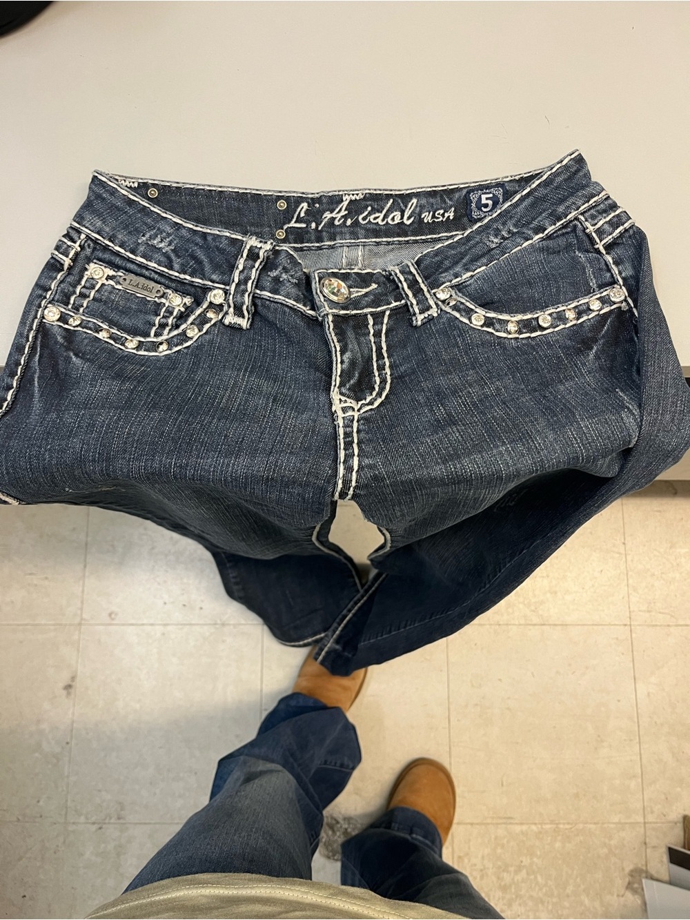 L.A. idol Women's Dark Wash Boot Cut Jeans with Embellished Back Pockets - Blue - Picture 3 of 4